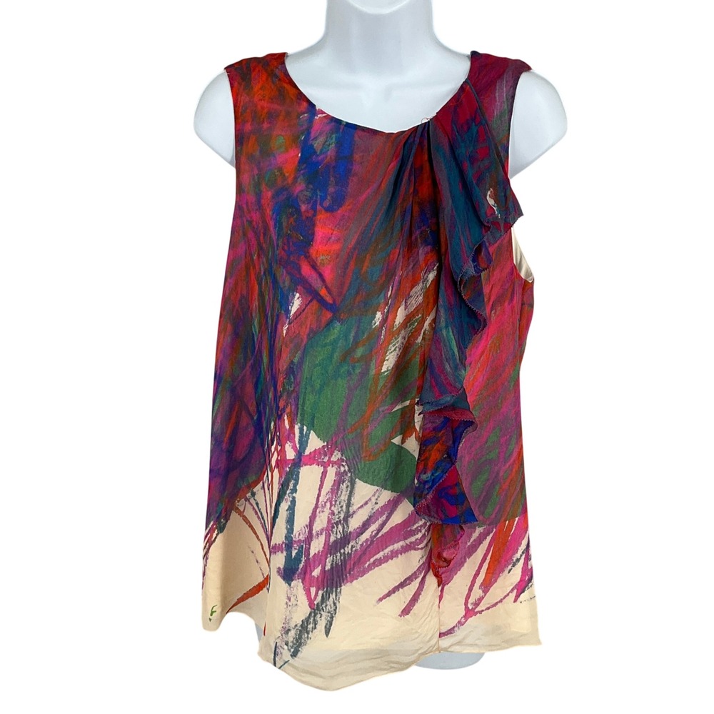 Lela Rose Blouse Womens 12 Multicolor Silk Abstract Ruffle Button Back Designer